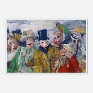 May include: An oil painting depicting a crowd of figures wearing masks and hats. The figures are dressed in various colors, including yellow, green, and red. The painting has a textured, impressionistic style.