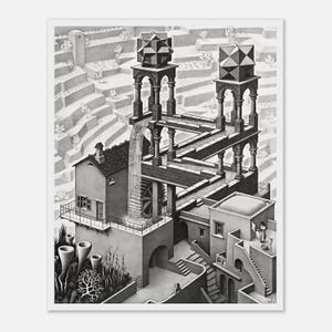 May include: Black and white architectural print featuring an impossible structure with interconnected buildings, waterfalls, and geometric shapes. The artwork depicts a complex, Escher-esque design with detailed shading and perspective.