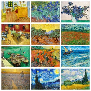 May include: A collection of twelve famous oil paintings by Vincent van Gogh, featuring diverse scenes including bedrooms, floral arrangements, landscapes, night skies, and coastal views with vibrant colours and expressive brushwork.