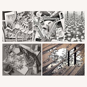 M.C. Escher Set med 5 surrealistiska optiska illusionskonsttryck, digital väggdekoration