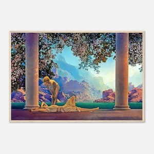 Peut inclure: Impression d'art encadrée d'une peinture classique. L'œuvre représente deux personnages dans un cadre extérieur serein. L'un est allongé sur une plateforme, l'autre debout. L'arrière-plan montre des montagnes et un feuillage luxuriant.