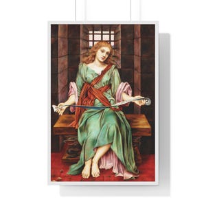 May include: A painting of a woman in a green dress sitting on a wooden bench. She is holding a scroll in her hands and looking at the viewer. The painting is set in a room with a barred window.