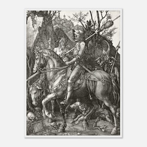 Pode incluir: Impressão a preto e branco de um cavaleiro a cavalo, acompanhado por um cão e outras figuras. O cavaleiro está armado e carrega uma lança. A cena passa-se numa floresta com um castelo ao fundo. A impressão é datada de 1513.