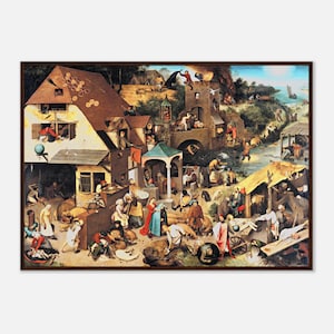 Puede incluir: Pintura enmarcada que representa una bulliciosa escena de pueblo. La obra de arte presenta numerosas figuras involucradas en diversas actividades, ambientadas en un telón de fondo de edificios, puentes y paisajes naturales. La paleta de colores está dominada por tonos terrosos.