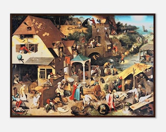 May include: A framed, detailed painting depicting a bustling village scene. The artwork features numerous figures engaged in various activities, set against a backdrop of buildings, bridges, and natural landscapes. The color palette is dominated by earthy tones.