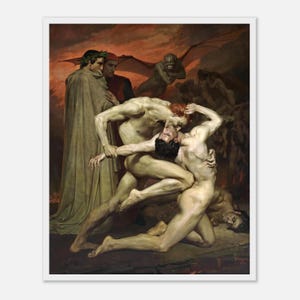 May include: A framed print of a classical painting showing a dramatic scene with nude figures in a fiery setting. The artwork uses light and shadow to create a sense of movement and intensity, with figures in dynamic poses.