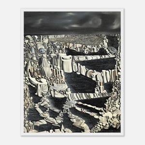 May include: Abstract art print depicting a surreal landscape with geometric shapes in shades of grey, white, and black. The artwork shows a complex, layered composition with a dark, cloudy sky.