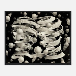 May include: Black and white print of two faces, each dissected by spiraling bands, with spheres floating in the background. The artwork is framed in a black border, creating a surreal and abstract composition.