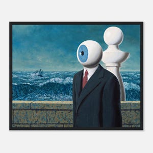 May include: Framed surrealist artwork featuring a man with an eye for a head, wearing a suit and tie, standing near a chess piece. The background depicts a stormy sea with a ship. The painting is in a black frame.