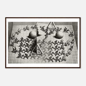 May include: Black and white framed print of an Escher-style artwork. The print features a tessellation of winged creatures, spheres, and geometric shapes, creating a mirrored, optical illusion effect. The artwork is set on a tiled surface.