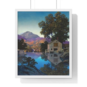 May include: A painting of a white farmhouse with a reflection in a still lake. The farmhouse is surrounded by trees and mountains. The sky is a light blue with pink and purple clouds.