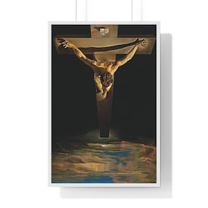 May include: A painting of a man on a cross against a dark background. The man is depicted with his arms outstretched and his head tilted back. The cross is made of wood and has a rough texture. The background is a dark blue and black, with a few clouds visible in the distance.