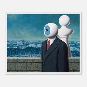 May include: A surrealist print featuring a man with an eye for a head, wearing a black suit and red tie, standing before a stormy sea. A white chess piece stands behind him. The artwork has a blue and white color palette.