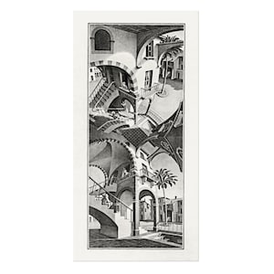 May include: Monochrome architectural print showcasing Escher's impossible staircases and buildings. The artwork presents a complex, multi-level structure with arches, windows, and palm trees, creating an optical illusion of endless movement and perspective.