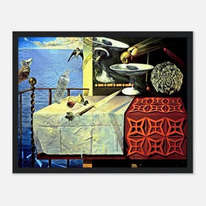 May include: A framed surrealist painting depicting a table with a white tablecloth, a bottle, a glass of wine, and a knife. The background shows a seascape, a bird, and floating objects. The color scheme includes blues, whites, and reds.