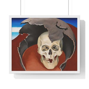 May include: A painting depicting a human skull with a cracked, grey, dome-shaped object over it. The skull is white with black eye sockets and a red background.