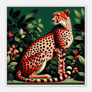 Pink Cheetah on Green Jungle Art Print, Vibrant Wildlife Wall Decor, Modern Animal Print, Tropical Home Art, Wood Frame, Nature Lovers Gift