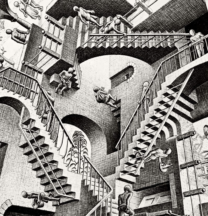 M.C. Escher Relativity - Art Print, Optical Illusion Surrealist Poster ...