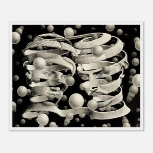May include: Black and white print featuring two faces dissected by swirling bands, with floating spheres against a dark background. The artwork has a surreal, dreamlike quality, with detailed shading and a sense of depth.