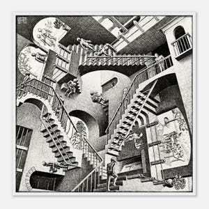May include: Black and white print of a complex architectural structure with interconnected staircases and figures. The artwork, framed in white, features Escher's signature style, creating an optical illusion of endless movement and impossible geometry.
