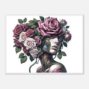 Woman With A Head Of Roses, Art Print, Surreal Floral Fantasy, Art Lovers Gift, Unique Floral Artwork, Rose Hair Woman Poster, Whooden Frame