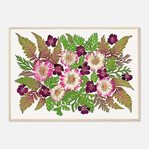 Botanical Elegance - Beautiful Pressed Floral and Delicate Fern Art Print - Summer Memories Collection - Wood Frame - Vintage Herbarium
