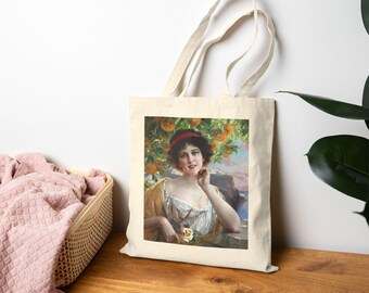 Emile Vernon Art Tote Bag: Beauty Under Orange Tree, Cotton Canvas Shopper