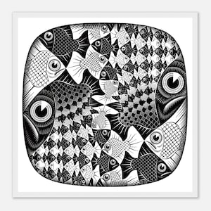 Maurits Escher - Fishes and Scales - Fine Graphic Print - Op Art - Surrealism - M. C. Escher Gift - Wooden Frame Option - M.C. Escher Gift