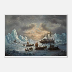 Op de afbeelding: Een olieverfschilderij dat een maritieme scène in een ijzig landschap weergeeft. Een groot schip zit vast in het ijs, met kleinere boten en figuren die door de ijzige wateren navigeren. De lucht is bewolkt met dramatische wolken.