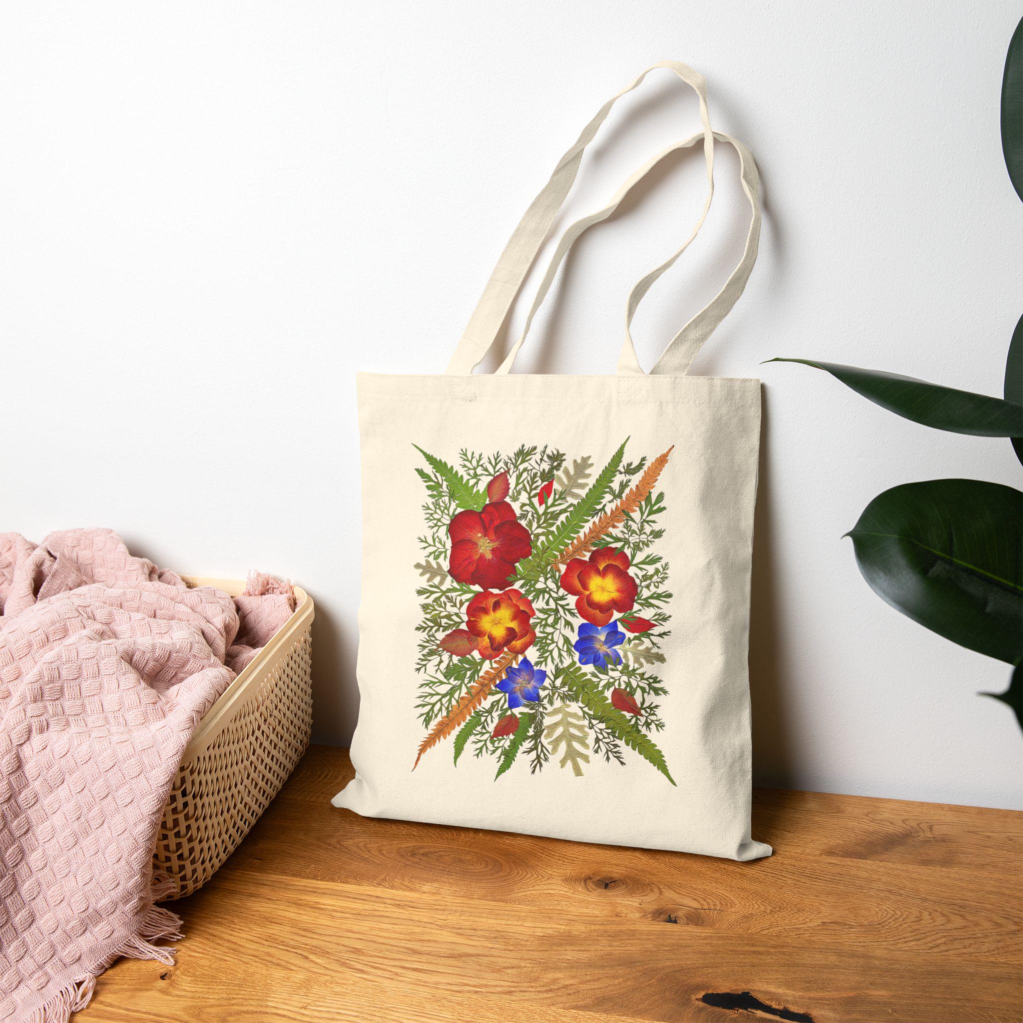 赤いバラとシダのトートバッグ：花柄キャンバスショッパー - Etsy 日本