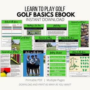 Puede incluir: Un libro electrónico PDF imprimible en verde y blanco con el título "Aprender a jugar al golf: Libro electrónico de conceptos básicos de golf" y el subtítulo "Descarga instantánea". El libro electrónico incluye información sobre el equipo de golf, las reglas y cómo jugar.