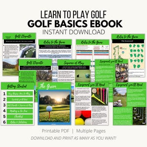Pode incluir: Uma capa de ebook verde e branca com o título "Aprenda a jogar golfe: Ebook sobre os fundamentos do golfe" e o subtítulo "Download instantâneo". A capa apresenta imagens de equipamento de golfe, um campo de golfe e uma bola de golfe em um green.