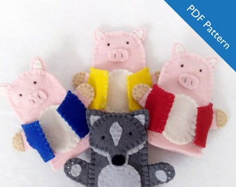 Pattern, Three Little Pigs and the Big Bad Wolf felt finger puppet Pattern, PDF pattern, Pig pattern, wolf pattern, felt puppet pattern