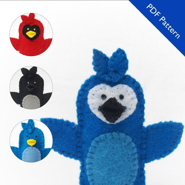 Bird puppet pattern, blue jay finger puppet pattern, cardinal puppet pattern, black bird puppet pattern, crow puppet pattern, PDF pattern