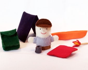Camping guy felt finger puppet, camping finger puppet, felt finger puppet, finger puppet, camping puppet, camping guy, camping, May 24