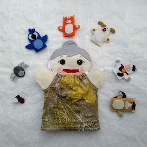 There Was An Old Lady Who Swallowed A Fly hand puppet, fly, spider, bird, cat, dog, cow, horse, finger puppet, old lady puppet, old lady