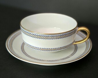 Haviland Limoges Fine Bone China Schleiger 281 Flat Cup and Saucer Set Yellow Squares Blue Dots Excellent!