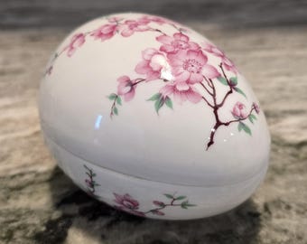 Chamart Limoges France Fine China Porcelain Trinket Box Egg Hand Painted Cherry Branches Blossoms