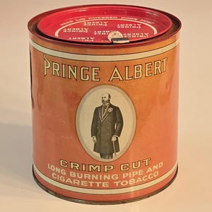 Antique Prince Albert in a Can Crimp Cut Tobacco Cannister with Lid and Lid Remover: LEVA LIFT
