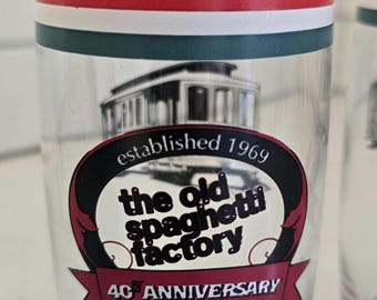 Vintage The Old Spaghetti Factory 40th Anniversay 14 oz Drinking Glass Featuring Trolley Car and Italian Flag Colors