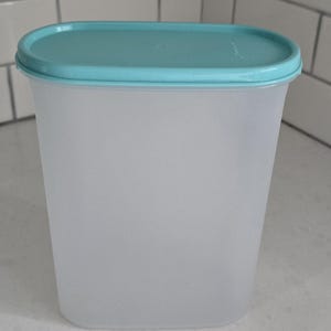 May include: A clear, rectangular food storage container with a teal-colored lid. The container is made of a translucent plastic material and is designed for storing food items. The lid fits snugly on top, providing an airtight seal.