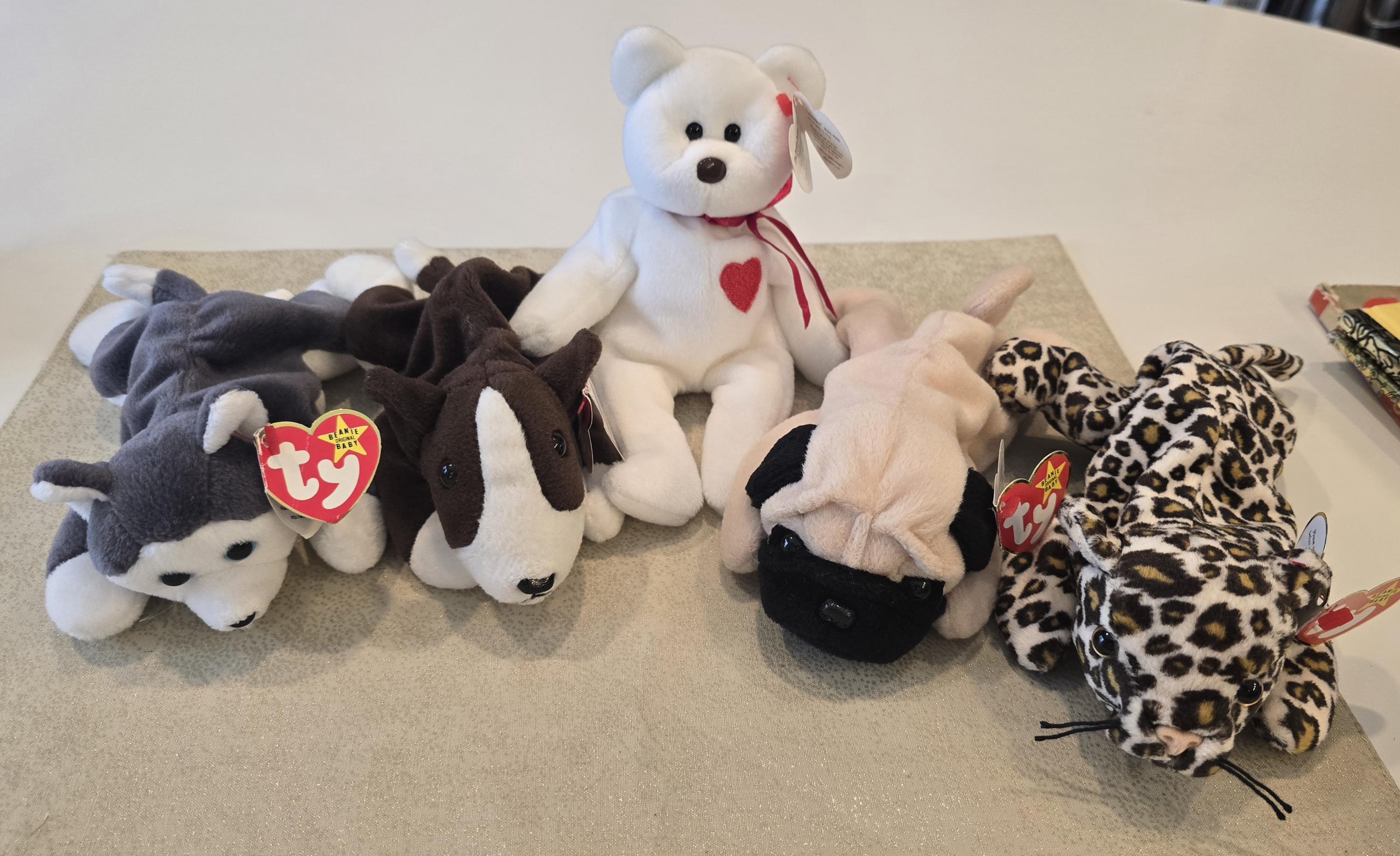 TY Beanie Babies 1994 - 97 Valentino, Pugsley, Freckles, Nanook