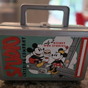 Vintage Disney MGM Studios Catering Company Mickey and Minnie Mouse Plastic Lunch Box plus Disney Junior Mini Mickey Mouse Figure New in Pkg