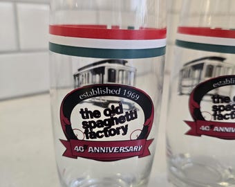 Vintage The Old Spaghetti Factory 40th Anniversay 14 oz Drinking Glasses Featuring Trolley Car and Italian Flag Colors Priced Individually