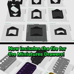 Puede incluir: Una visualización digital de componentes imprimibles en 3D que incluye torres de almacenamiento verticales negras, tapas planas y bandejas rectangulares en negro, morado y amarillo. El texto "Now includes the file for the Miniatures Drawers!" está centrado en verde.
