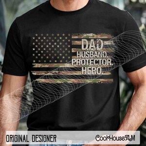 Papá retro, esposo, protector, héroe (Personaje con camiseta de camuflaje), camisa de caza (Personaje con camiseta de camuflaje), el mejor papá (Personaje con camiseta de camuflaje), papá militar (Personaje con camiseta de camuflaje), regalo para el Día del Padre