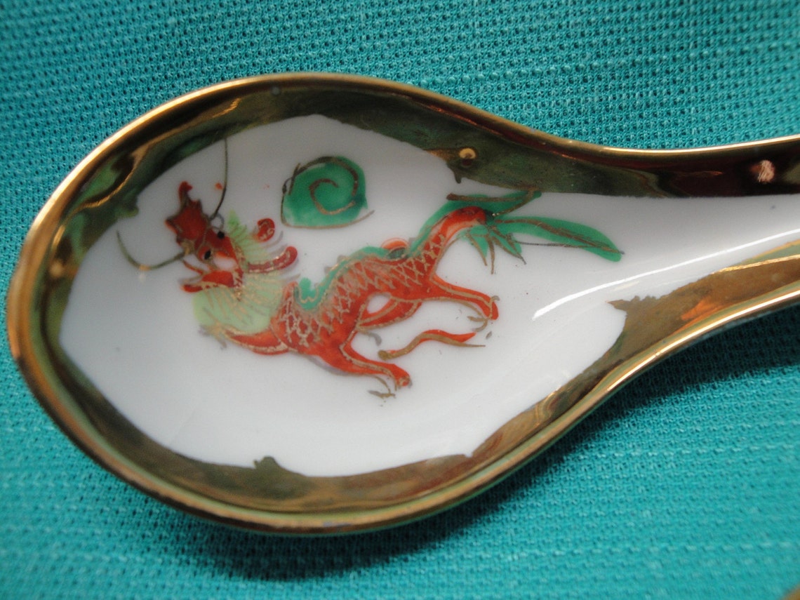 Two Vintage Porcelain Chinese Soup Spoons Hand Painted with Etsy