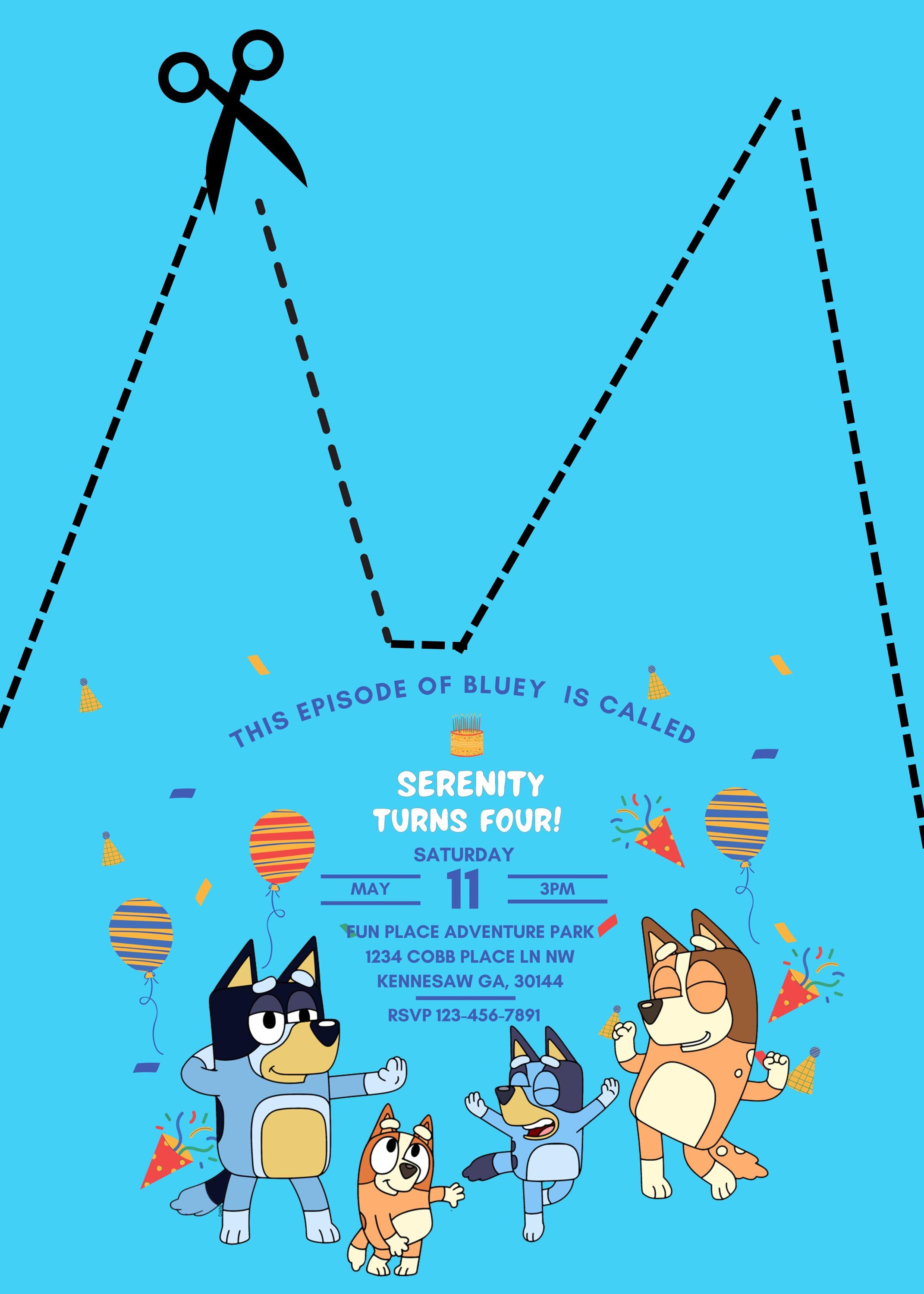 Bluey Episode-Themed Birthday Invitation – 'Serenity Turns Four!'