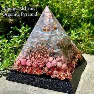 Moonstone Rhodonite Orgonite Pyramid: Copper Quartz Energy Amplifier