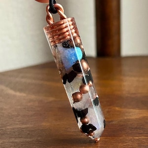Iridescent Moonstone & Shungite Crystal Point Pendant Necklace - Handmade Energy Amulet - One-Of-A-Kind